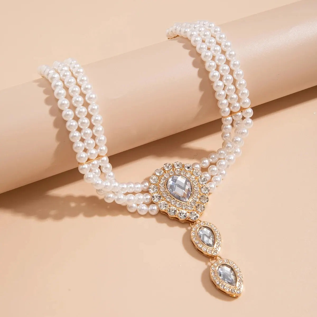 2Pcs Elegant Multilayer Imitation Pearl Chain Necklace Bracelet for Women Luxury Bridal Rhinestone Jewelry Set Wed Accessories