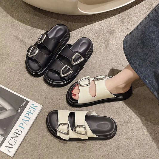 Slides Rubber Black Women's Slippers and Ladies Sandals Round Toe Height Summer 2024 with Heel Shoes Unique Luxury Normal Casual