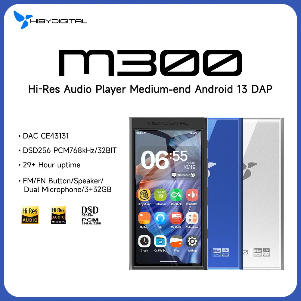 HiBy Digital M300 Android 13 音乐播放器 MP3 HiFi 音频 蓝牙 WiFi USB DAC DSD FM 收音机 双麦克风 内置扬声器 IPS 29 小时