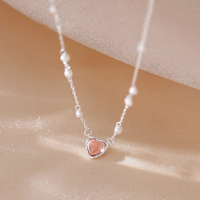 925 Sterling Silver Pink Love Pearl Necklace New Style Temperament Clavicle Chain Women's Sweet Neckchain Jewelry Wholesale