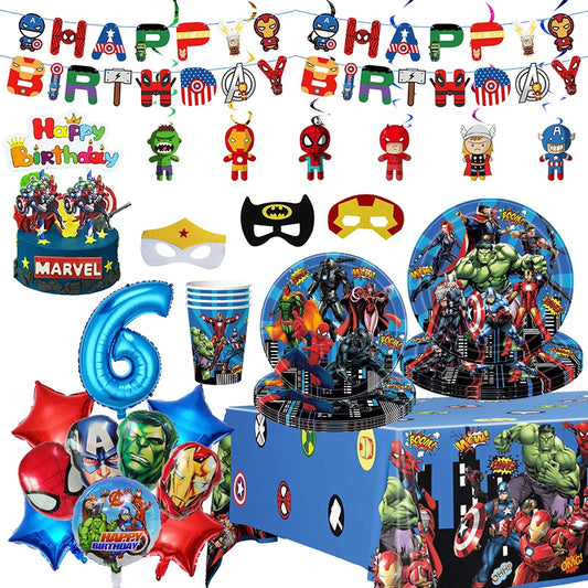 The Avengers Birthday Decorations Balloon Banner Backdrop Mask Marvel SuperHero Hulk Iron Man Kids Party Supplies Tableware Set