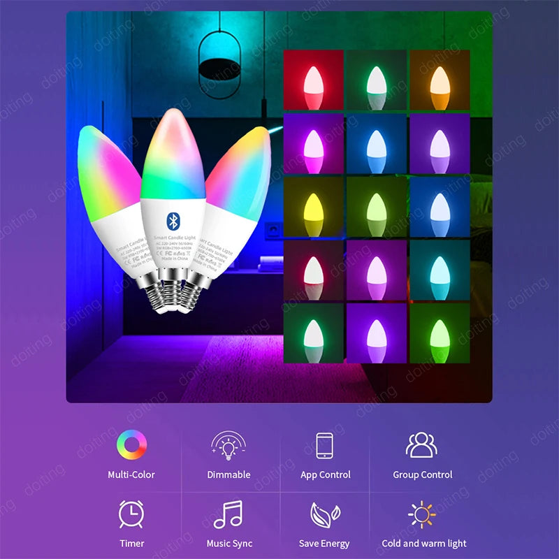 E14 Bluetooth Wifi Tuya Smart Led Chandelie Light Bulb RGB Color Change Lamps Smart Life APP Dimmable Alexa Google Home Voice