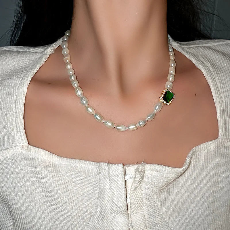 100% Natural Freshwater Pearl Trendy Green Square Crystal 14K Gold Filled Ladies Chain Necklace Jewelry For Women Gifts