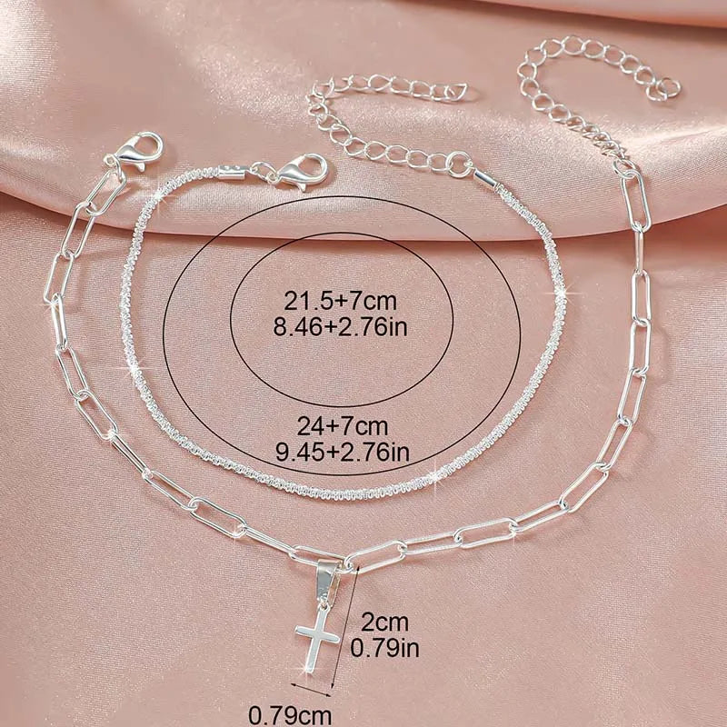 Sparkling Thin Chain Anklet For Women Zircon Heart Cross Pendant Double Layer Bracelet On Leg Foot Trendy Summer Beach Jewelry