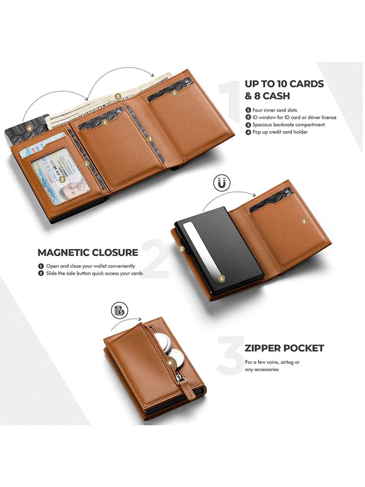 Custom Men Credit Card Holder RFID Blocking Microfiber Leather Magnetic Closure Pop Up Card Wallet with ID Window & Coins Pocket