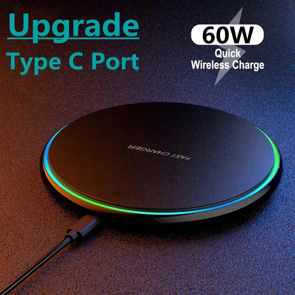 60W Fast Wireless Charger Pad with LED Indicator & Type C Port | Quick Charge for iPhone 14/15/16 Pro Max, Samsung Galaxy S23/S22/S21, Xiaomi