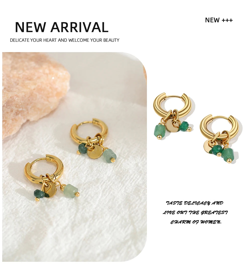 YACHAN 18K Gold Plated Stainless Steel Hoop Earrings for Women Vintage Green Natural Stone Charms Trendy Waterproof Jewelry