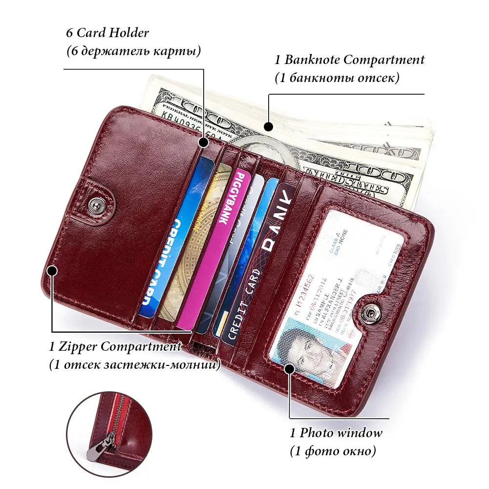 100% Genuine Leather Women's Wallet Small Mini Hasp Purse New Fashion Short RFID Blocking Card Holder With Zipper Coin Pocket