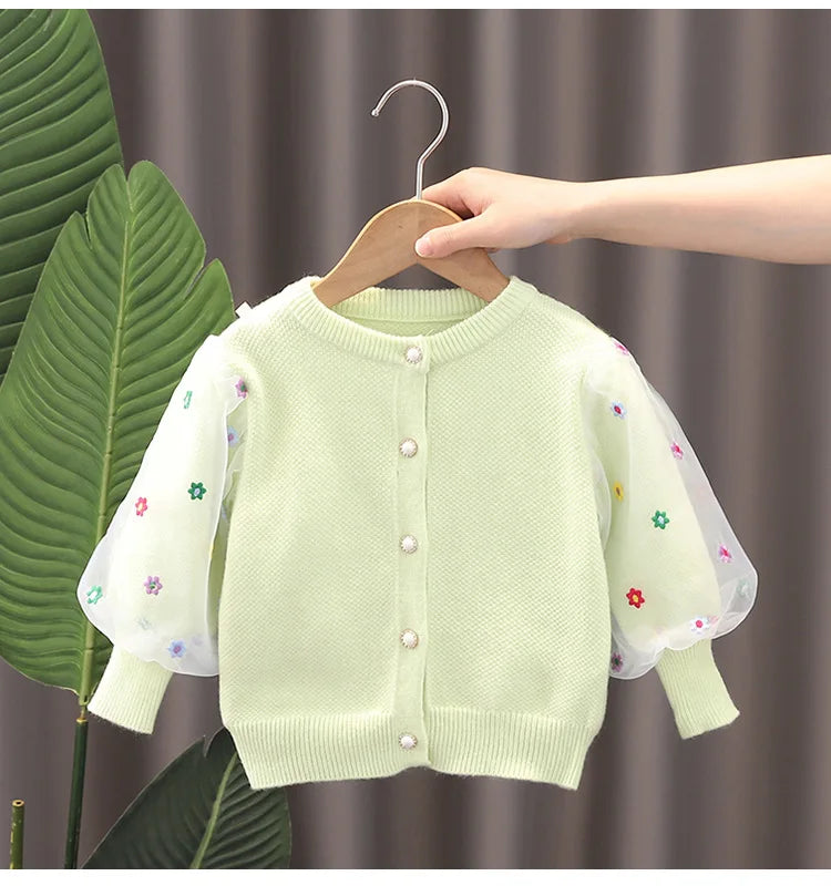 Spring Autumn Baby Girl Sweater Cardigan Cotton Round Collar Tulle Lantern Sleeve Kid Girl Coat Star Newborn Girl Knitwear Coats