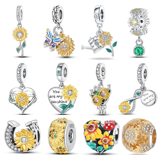 925 Sterling Silver Fashion Golden Sunflowers Heart Charms Beads Fit Qikaola 925 Original Bracelets Luxury Party DIY Jewelry