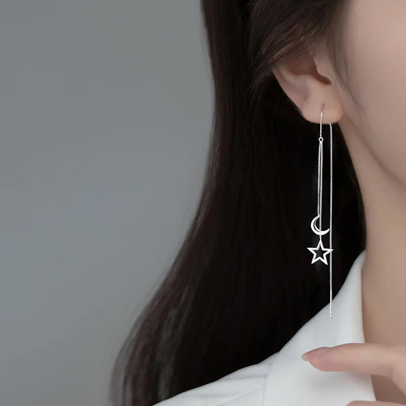 925 Sterling Silver Star Moon Earrings Women's Tassels Simple Long Cut Out Temperament Earrings Fashion Jewelry Accessories