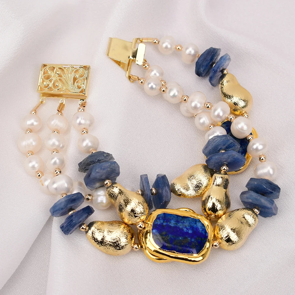 GG 3 Rows Natural Kyanite Gems White Pearl Gold Plated Blue Lapis lazuli Brushed Beads Bracelet 8'' For Lady