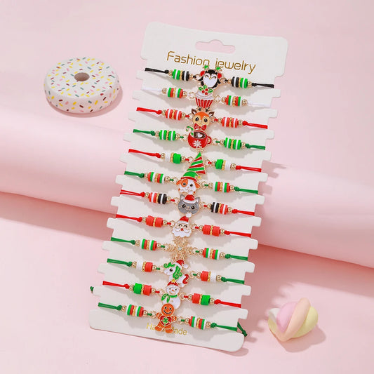 12Pcs/set Christmas Theme Adjustable Rope Cord Bracelet for Women Girls Daughter Sister Jewelry Gifts