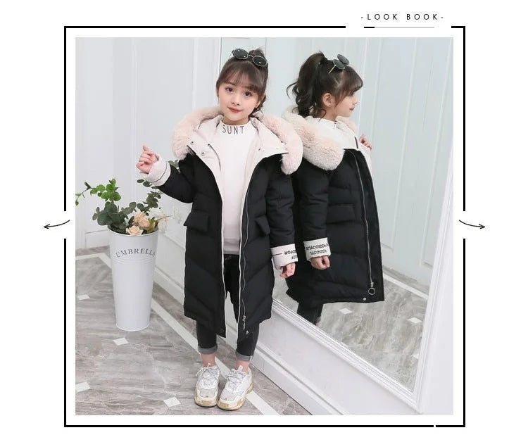 New Girls clothing Winter Warm down Cotton Jackets Children parka faux Fur Collar Coat Girl Thicken overalls Hooded kids Clothes