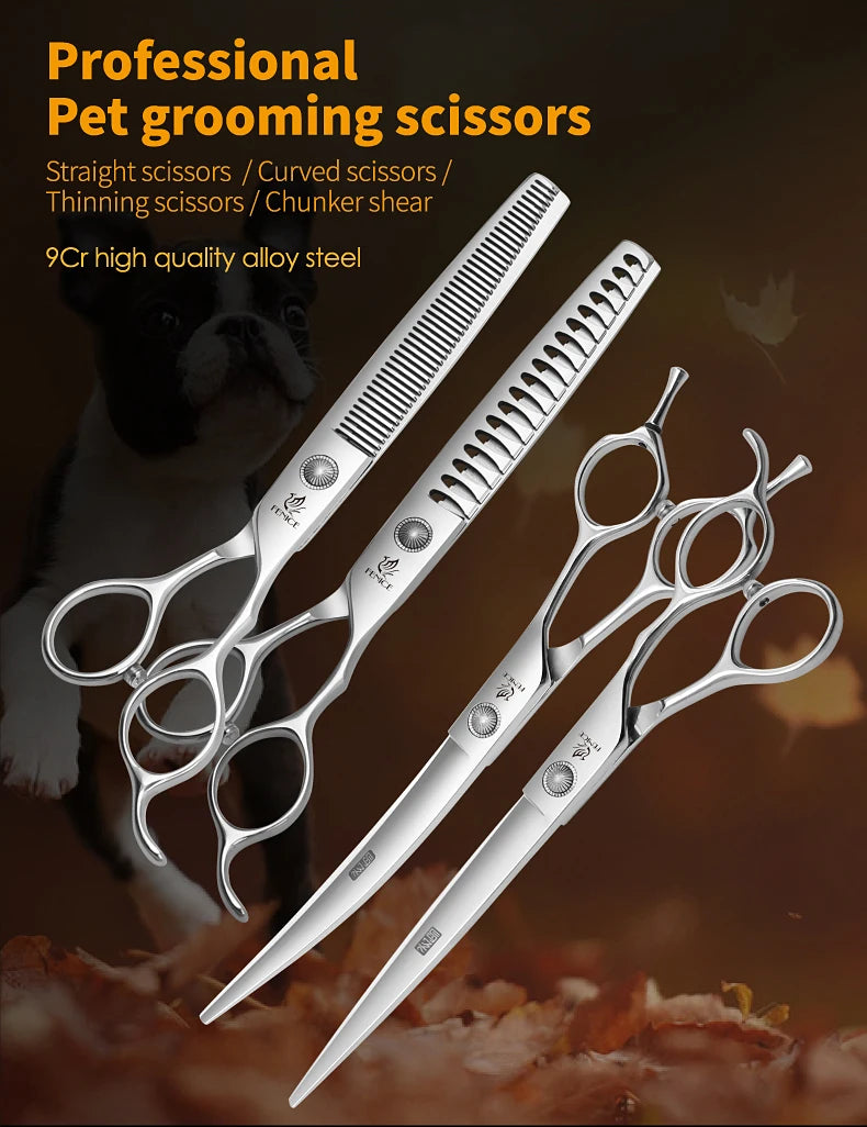 Fenice Pet Grooming Scissors 6/6.5/7/7.5 inch Professional Cutting Curved Thinning Chunker Shears For Pet Groomers Household Use