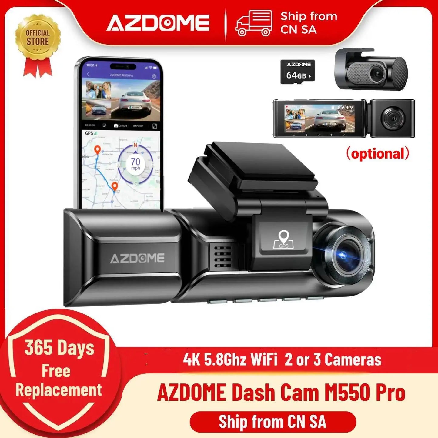 升级 AZDOME M550 Pro 车载 DVR 行车记录仪 4K 5.8Ghz WiFi 2/3 摄像头前/车舱/后摄像头 GPS 夜视停车监视器 داش كا