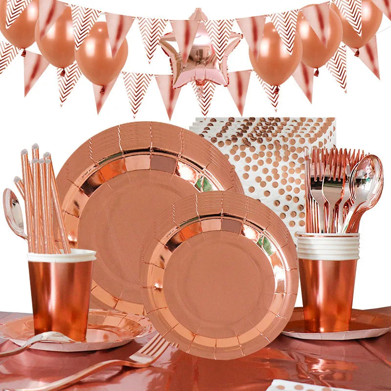 Rose Gold Birthday Decoration Kit Girls Paper Plates Cups Napinks Tablecloth Background Balloons Tableware Supplies Deco Set Kid