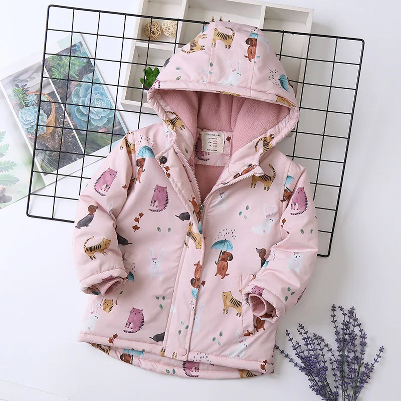 Autumn Winter Girl Jacket Coat Cartoon Printed Waterproof Plus Velvet Warm Girl Outerwear 4-14 Year Kids Teenage Girl Parka