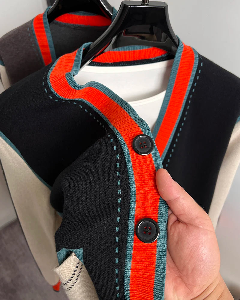 Color blocking V-neck cardigan men's knitted sweater high-end trend Korean casual thread jacket autumn and winter new style