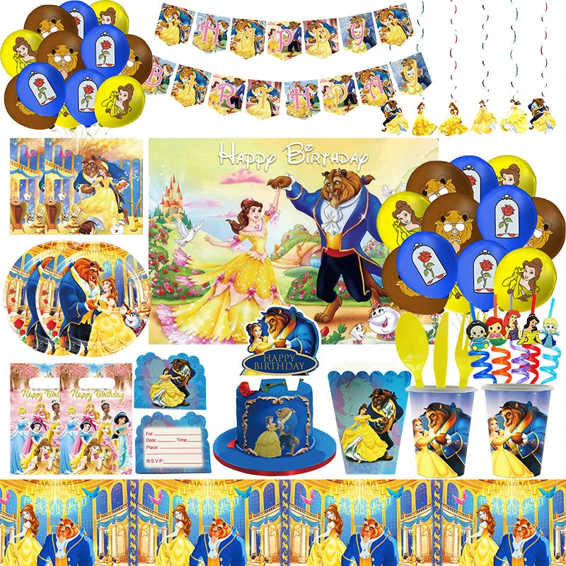 Disney Beauty And The Beast Birthday Party Decoration Supplies Beauty Beast Theme Tableware Set Belle Princess Balloons For Girl