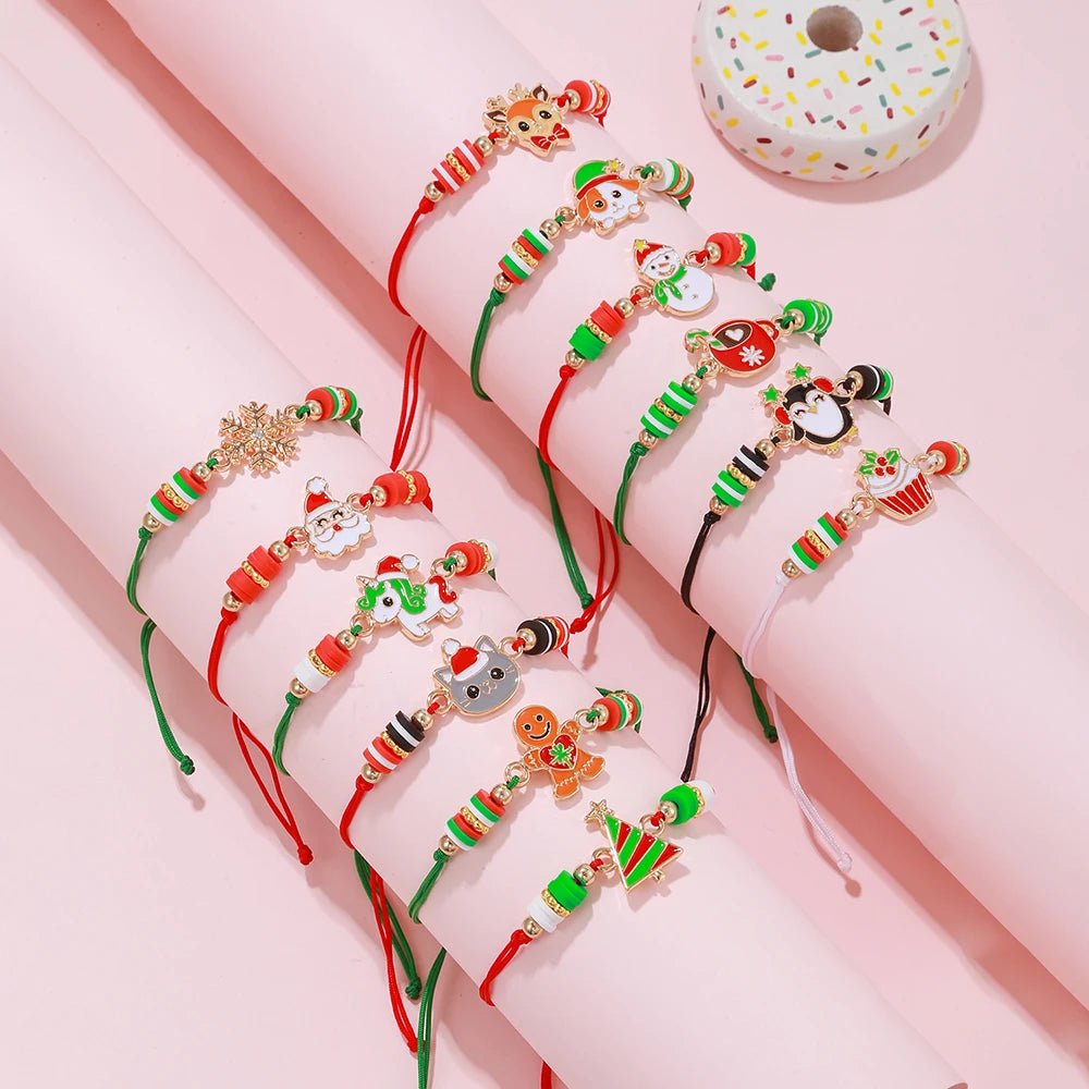 12Pcs/set Christmas Theme Adjustable Rope Cord Bracelet for Women Girls Daughter Sister Jewelry Gifts