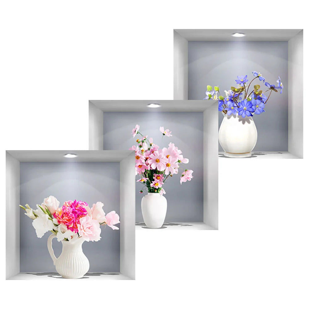 3 Pcs 3D Three-dimensional Simulation Window Flower Wall Sticker Vase Household