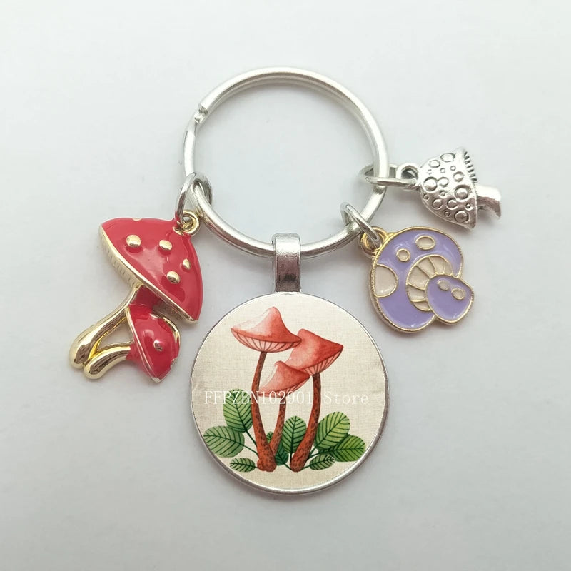 Psychedelic mushroom keychain plant art pendant natural woodland hippie car bag jewelry glass cabochon pendant keychain gift