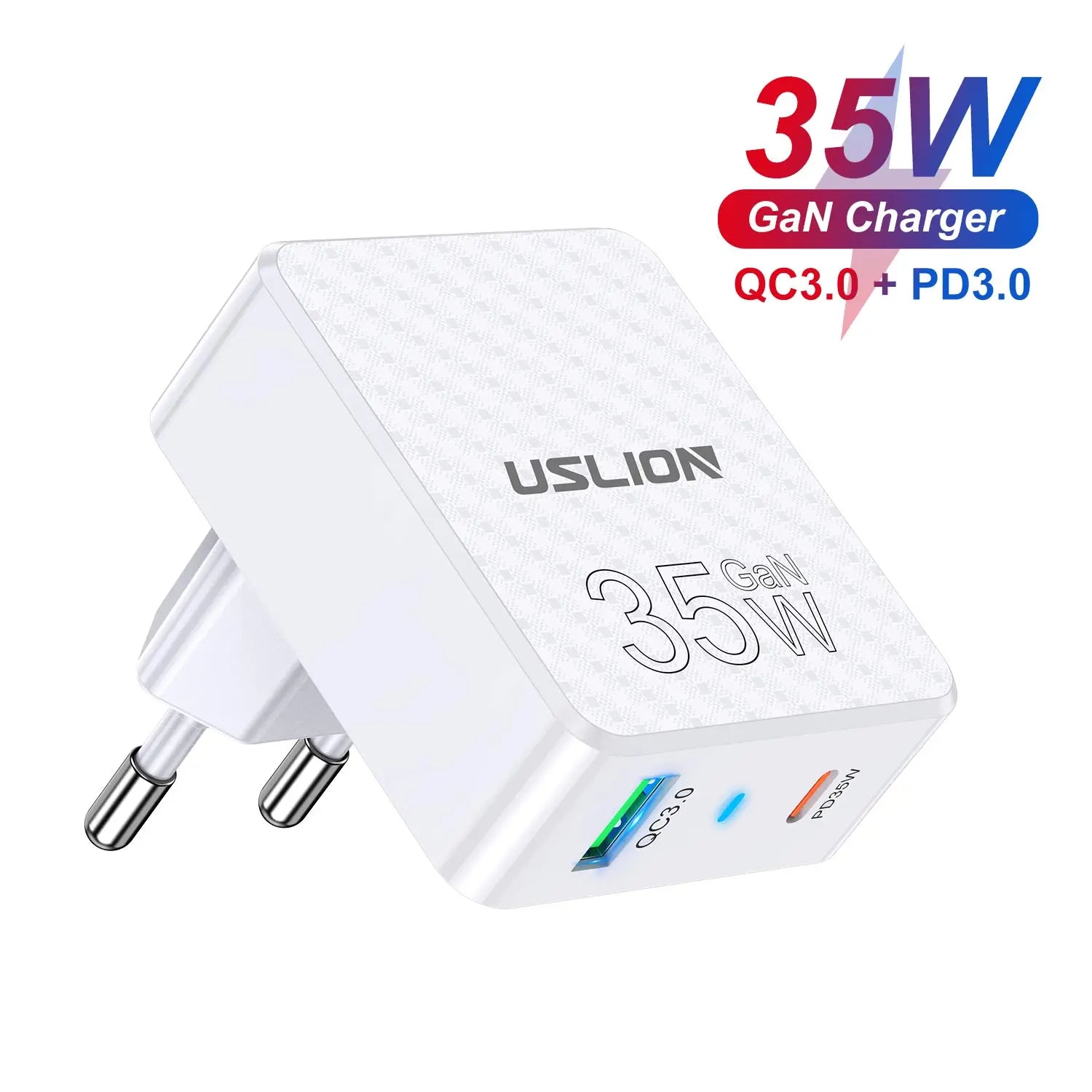 USLION PD 35W 快速充电器 USB Type C QC3.0 方形碳纤维欧盟/韩国/美国适配器适用于 iPhone 15 14 Pro Max iPad 小米 13 三星