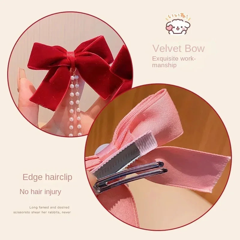 Elegant Pearl Bow Tassel Hair Clip Solid Velvet Hair Claw Children Princess Best Hairpins New Fashion Beauty Hair Accessories