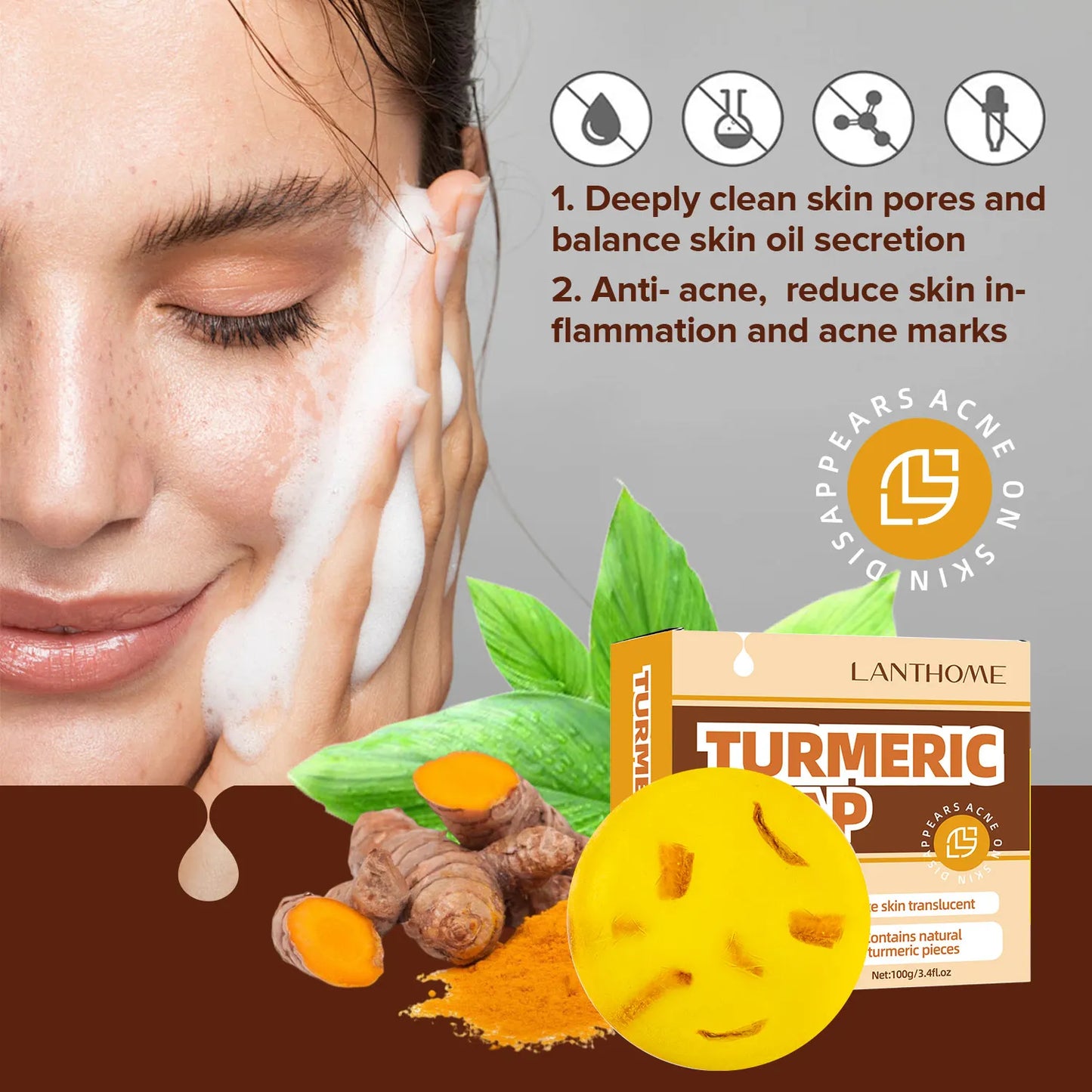 Turmeric Soap Face Deep Cleaning Anti Acne Dark Spot Ginger Handmade Whitening Moisturizing Soap For Body 100g