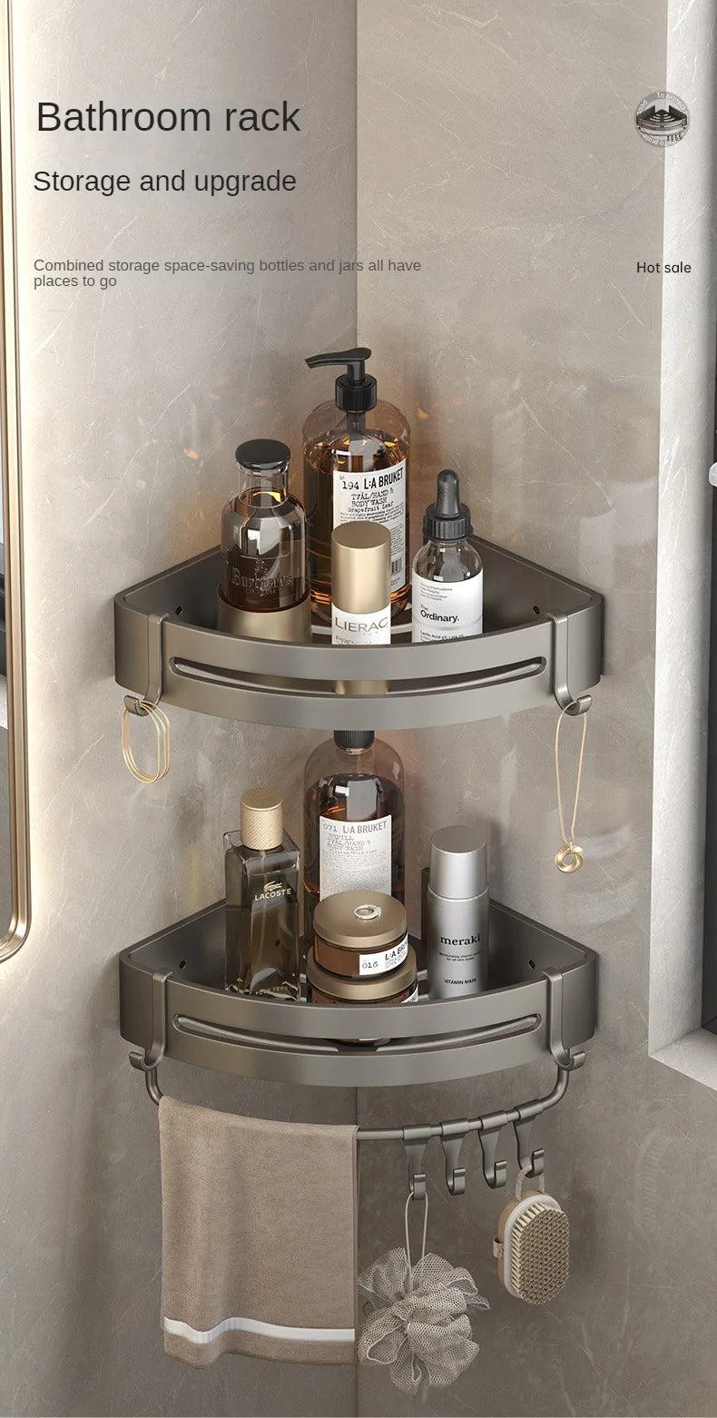 Bathroom Corner Shelf Wall Mounted Aluminum Organizer With Hook Towel Bar No Drill Shelves Storage Rack Bathroom Items Hardwares