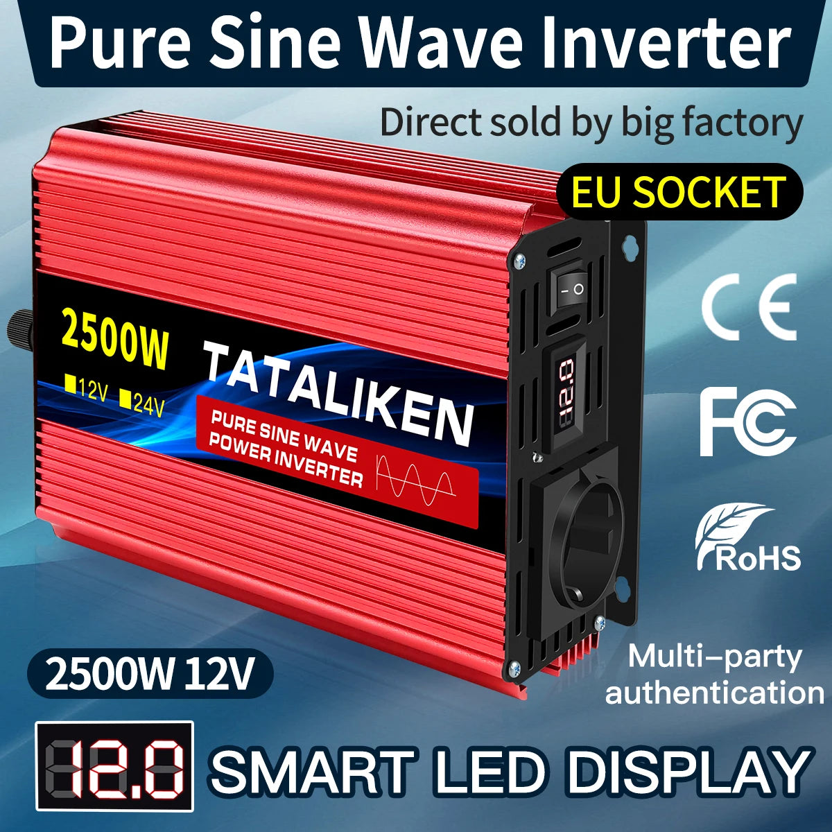 Inverter Pure Sine Wave  2500W/3500W/4500W/5000WDC 12V/24V to AC 220V 230V Voltage Transfer Converter Charging Adapter EU Socket