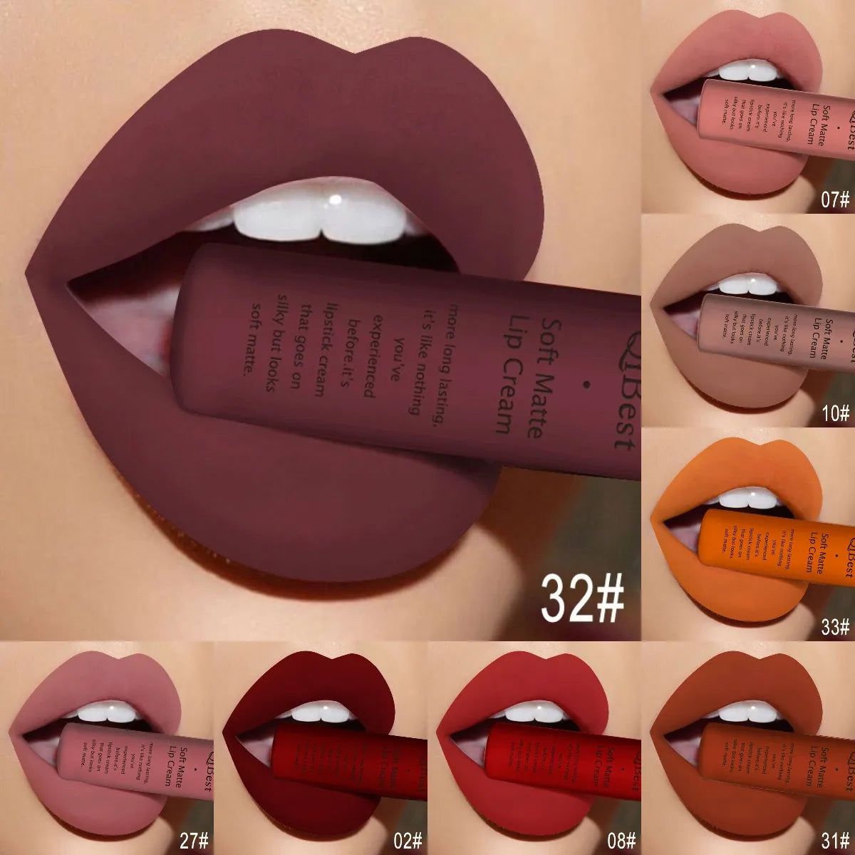 QIBEST Brand 34 Colors Waterproof Matte Nude Lipstick Lipkit Pigment Dark Red Black Long Lasting Lip Gloss Women Makeup Lipgloss