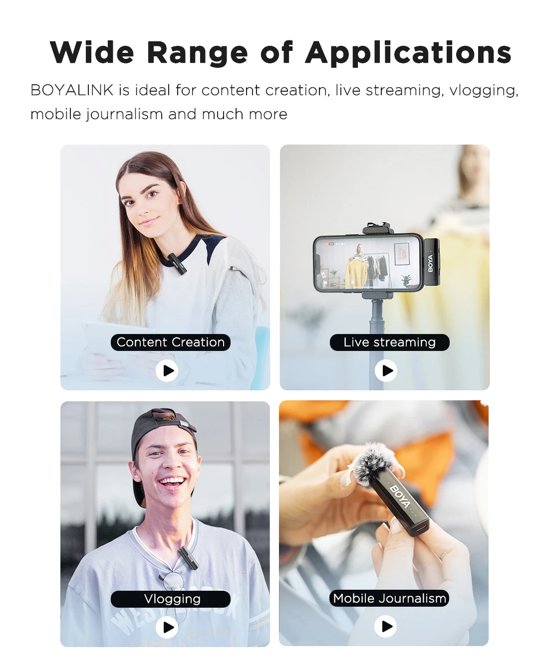 ميكروفون لاسلكي BOYA BOYALINK V2.0 للياقة لجهاز iPhone أو Android أو كاميرات DSLR أو الهواتف الذكية أو الألعاب أو تسجيل الفيديو أو البث المباشر أو تسجيل الفيديو