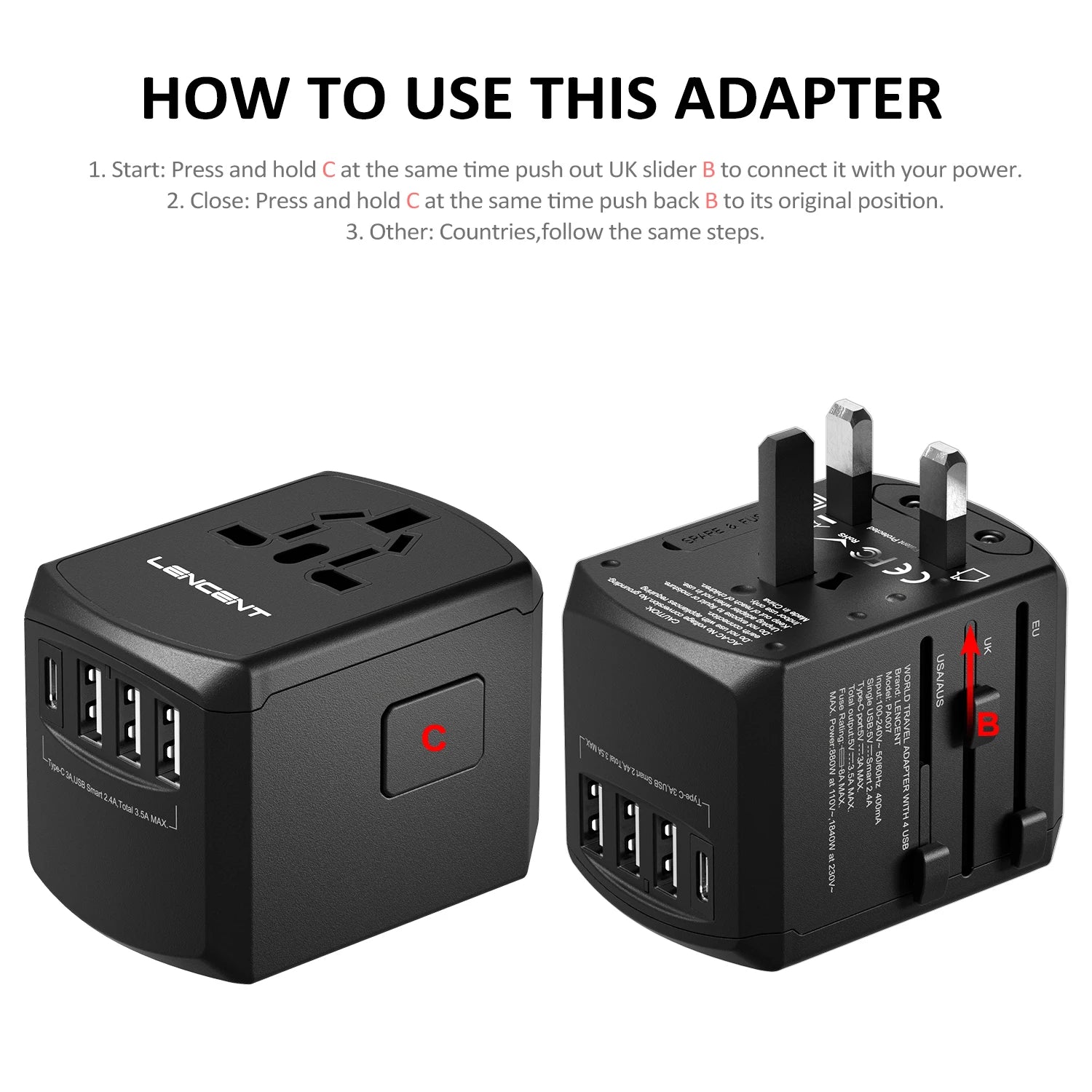 LENCENT Universal Travel Adapter All-in-one Travel Charger with 3 USB Ports and 1 Type C Wall Charger for US EU UK AUS Travel