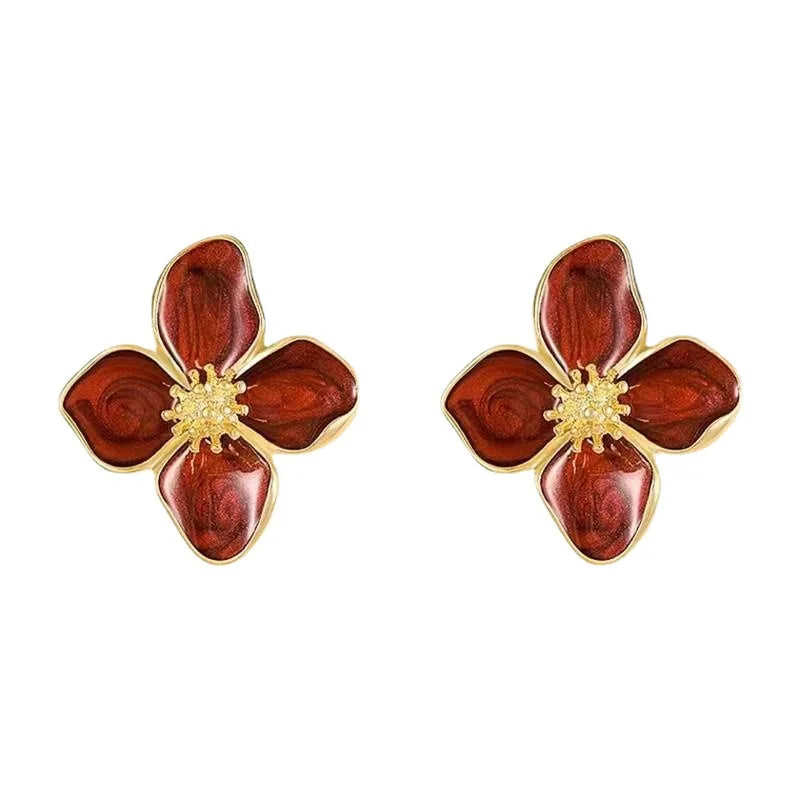 Bulbusbow Elegant Retro Drip Glaze Red Flower Earrings – Korean-Inspired Luxury Fashion for Weddings and Special Occasions