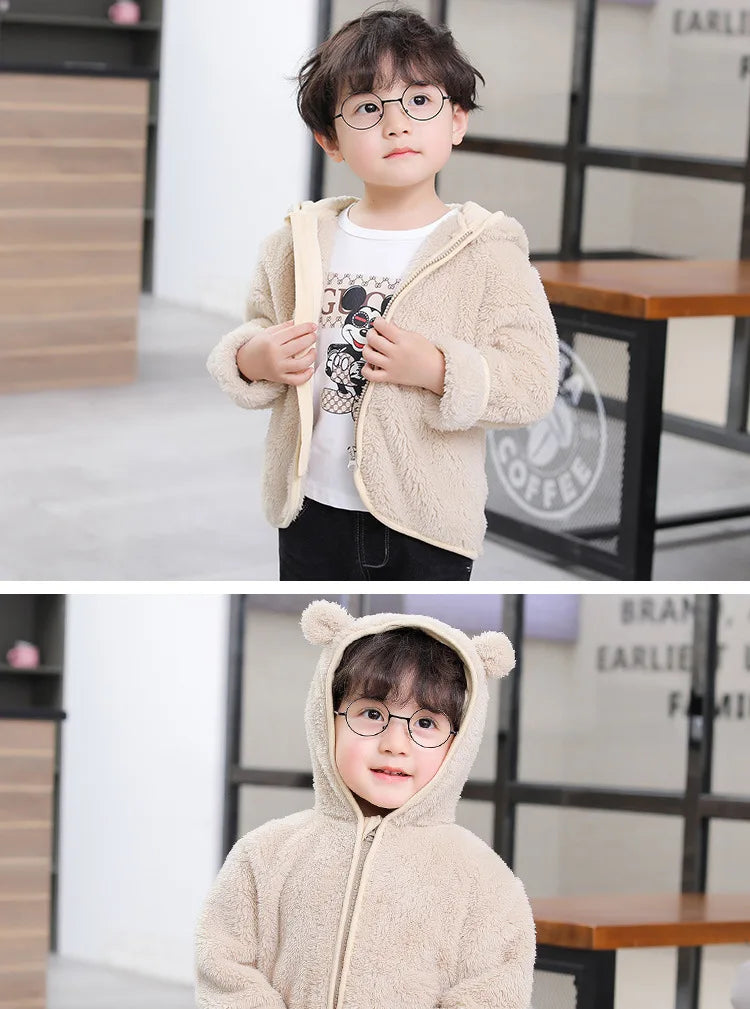 Bulbusbow Autumn Winter Childrens Coral Fleece Coat Thick Warm Hooded Long Sleeve Baby Boys Outerwears Plus Velvet Kids Boys Jacket