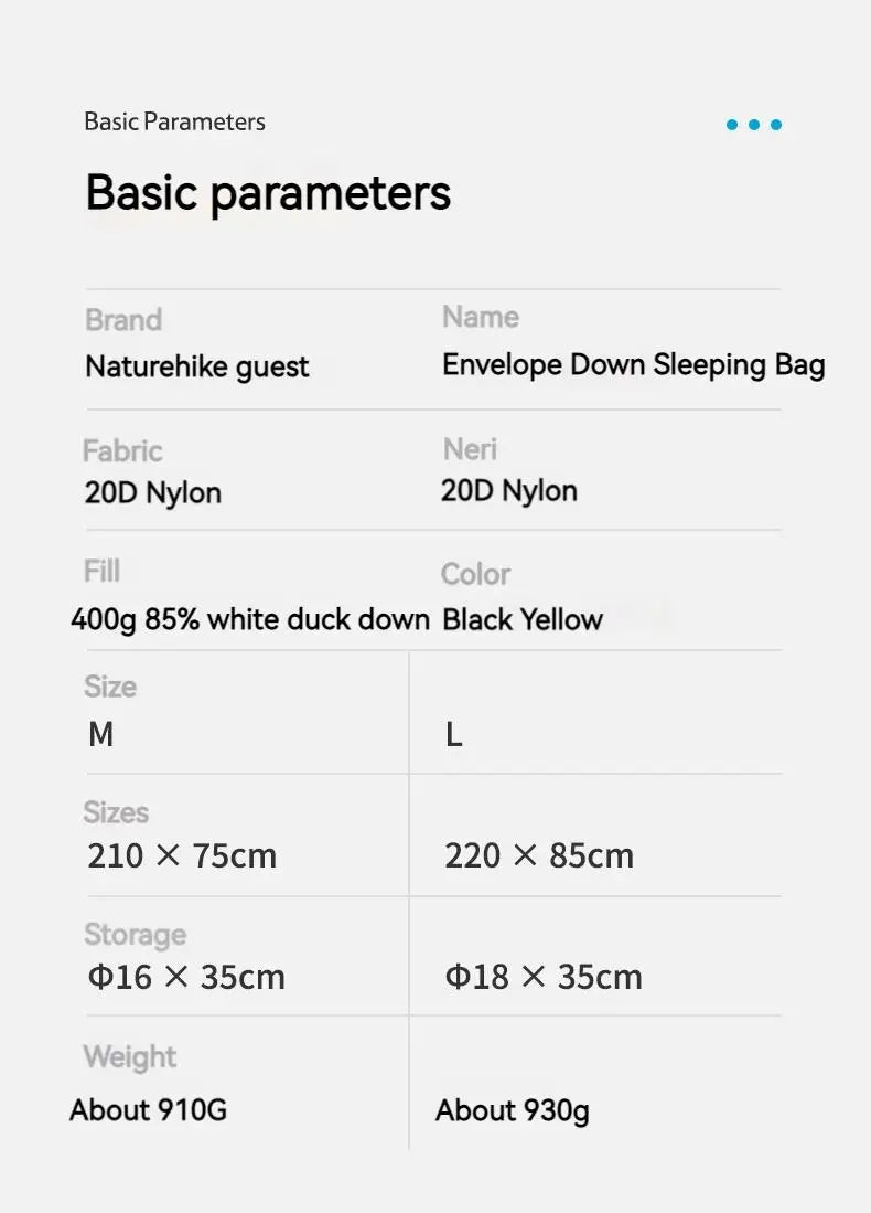 Naturehike Outdoor Duck Down Sleeping Bag Ultralight Portable 0°C~5°C Winter Camping Warm 1 Person Envelope 750FP Sleeping Bag