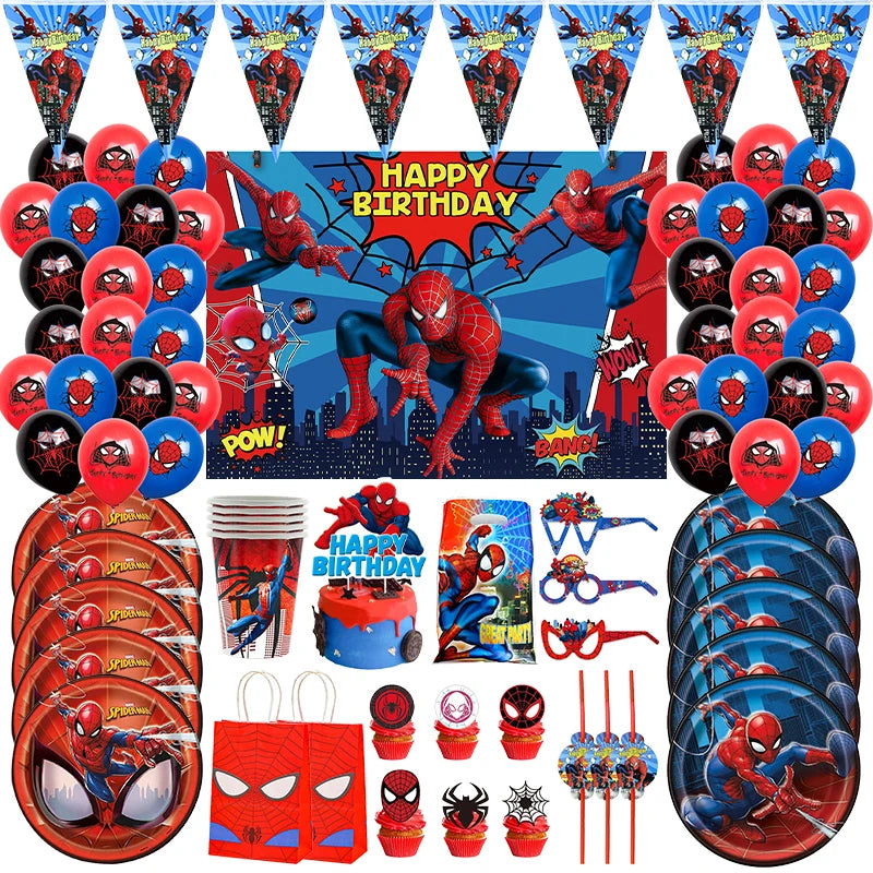 Spiderman Party Decoration Kit Spider Man Decor Balloons Backdrop Banner Children's Birthday Supplies Tableware Kit Plates Cups