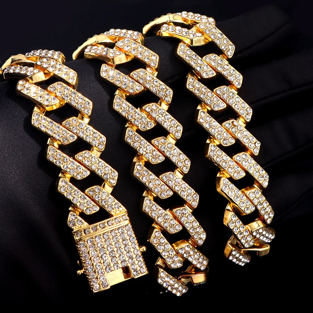 Punk Hip Hop Iced Out Rhinestones Cuban Chain Necklace For Men Women Bling Crystal Prong Cuban Link Choker Necklace Jewelry Gift