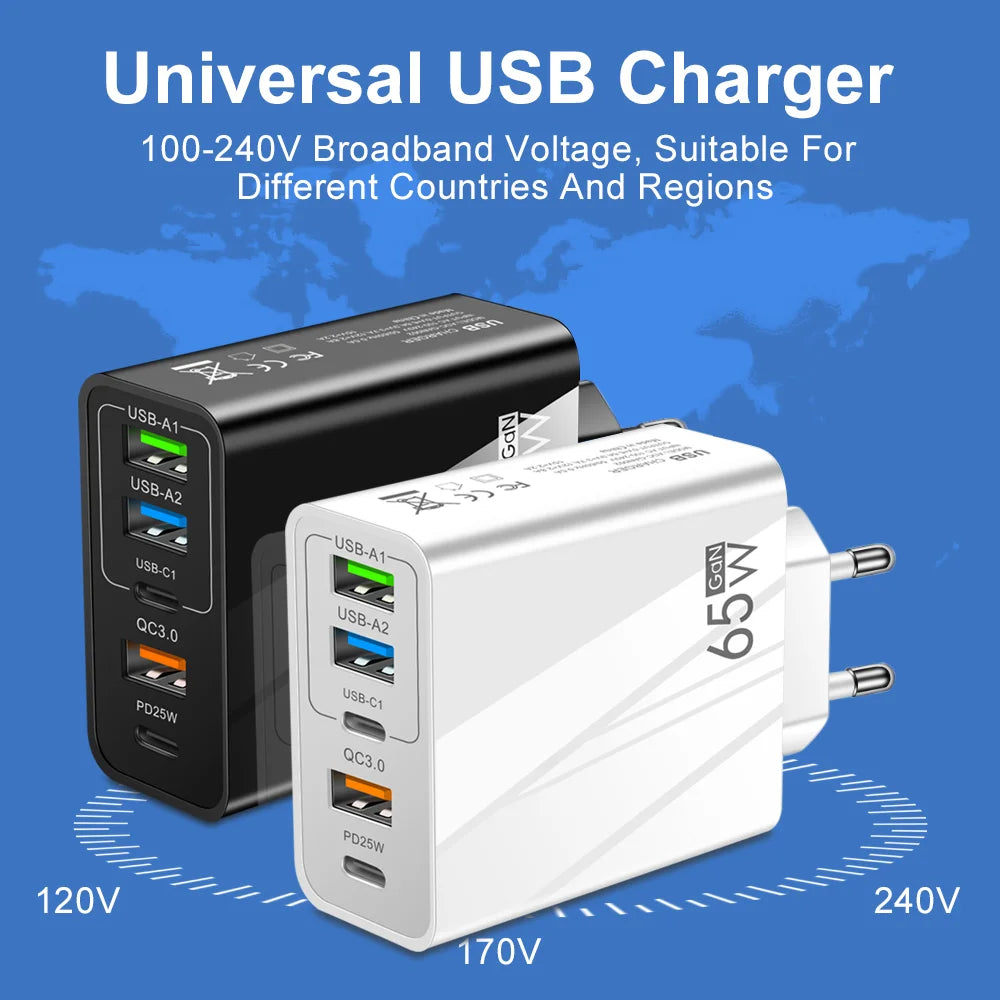 شاحن USB GaN 65 وات بتقنية الشحن السريع PD من النوع C ومحول الهاتف المحمول لهاتف iPhone 15 وHuawei Quick Charge 3.0 وشاحن حائط بمقبس الاتحاد الأوروبي/الولايات المتحدة