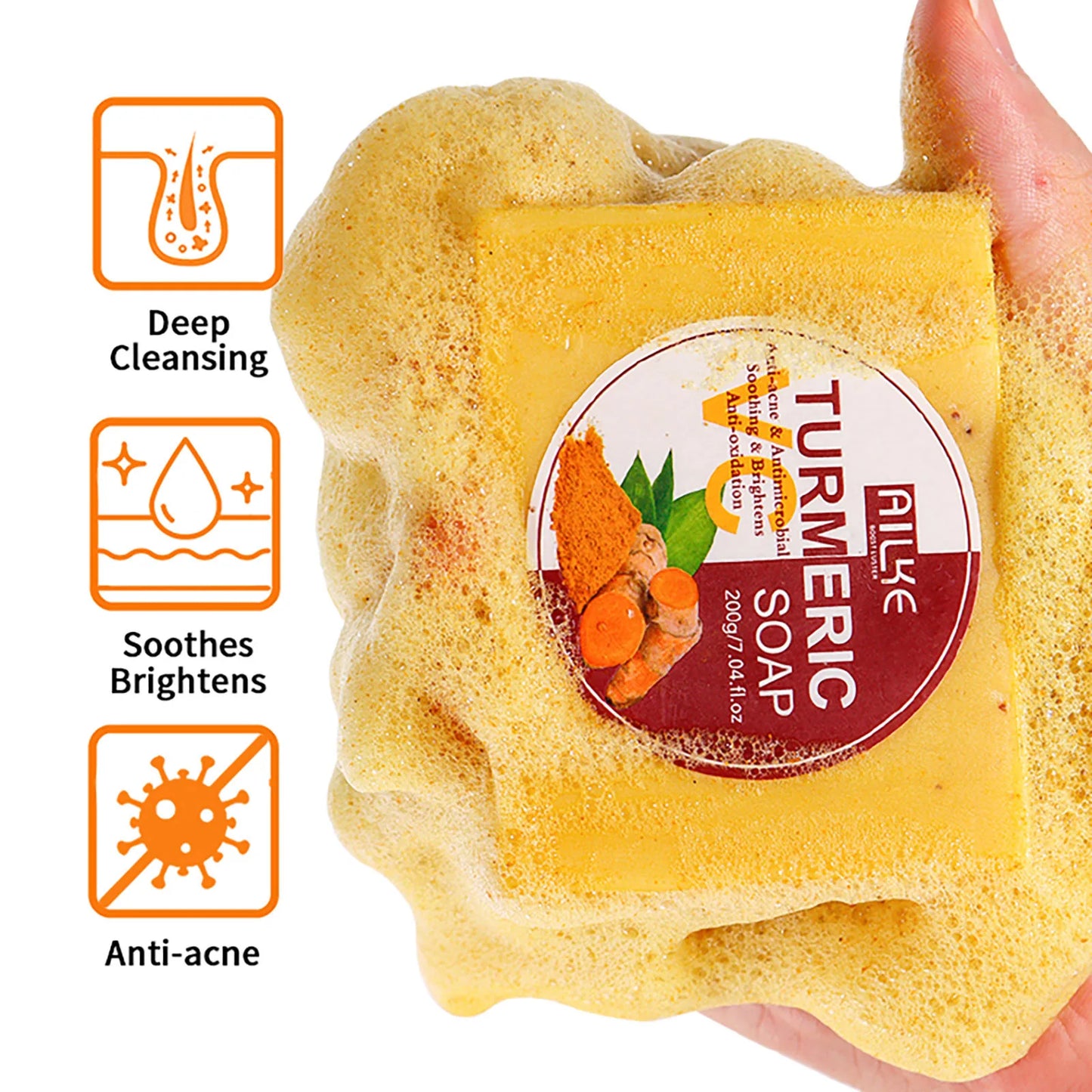 AILKE Turmeric Soap, Whiten, Remove Acne, Oil Control, Brightening, Clean Skin, Deeply Exfoliates, Even Skin Tone