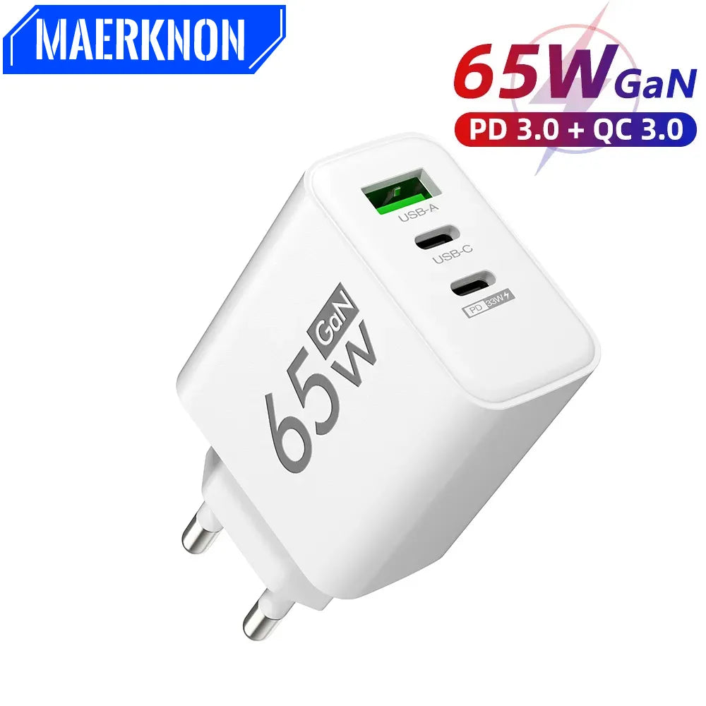 شاحن PD 65W USB C شاحن GaN سريع الشحن 3.0 من النوع C محول هاتف لـ iPhone 15 14 Samsung Xiaomi 3 منافذ شاحن حائط سريع