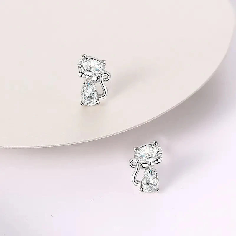 Huitan 925 Sterling Silver Cute Crystal Zircon Cat Stud Earrings for Women Simple Sweet Animals Accessories Daily Party Jewelry