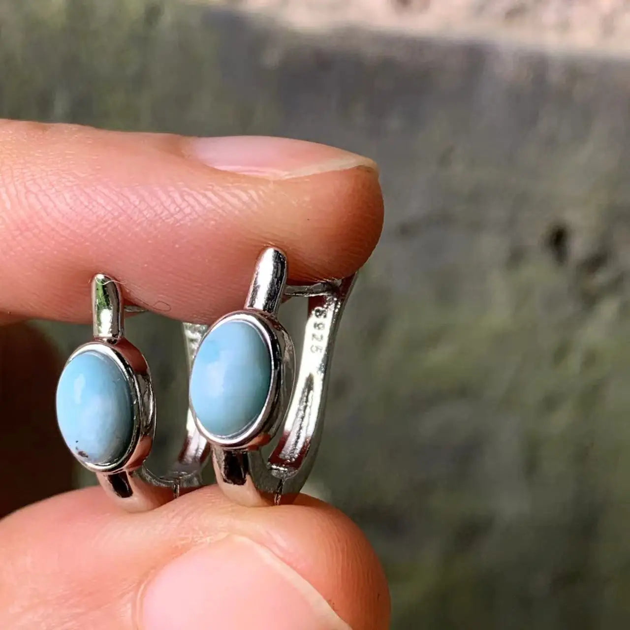 HEYYA STONE Natural Larimar Hoop Earrings 925 sterling silver Simple Classic Round Circle Gemstone Jewelry