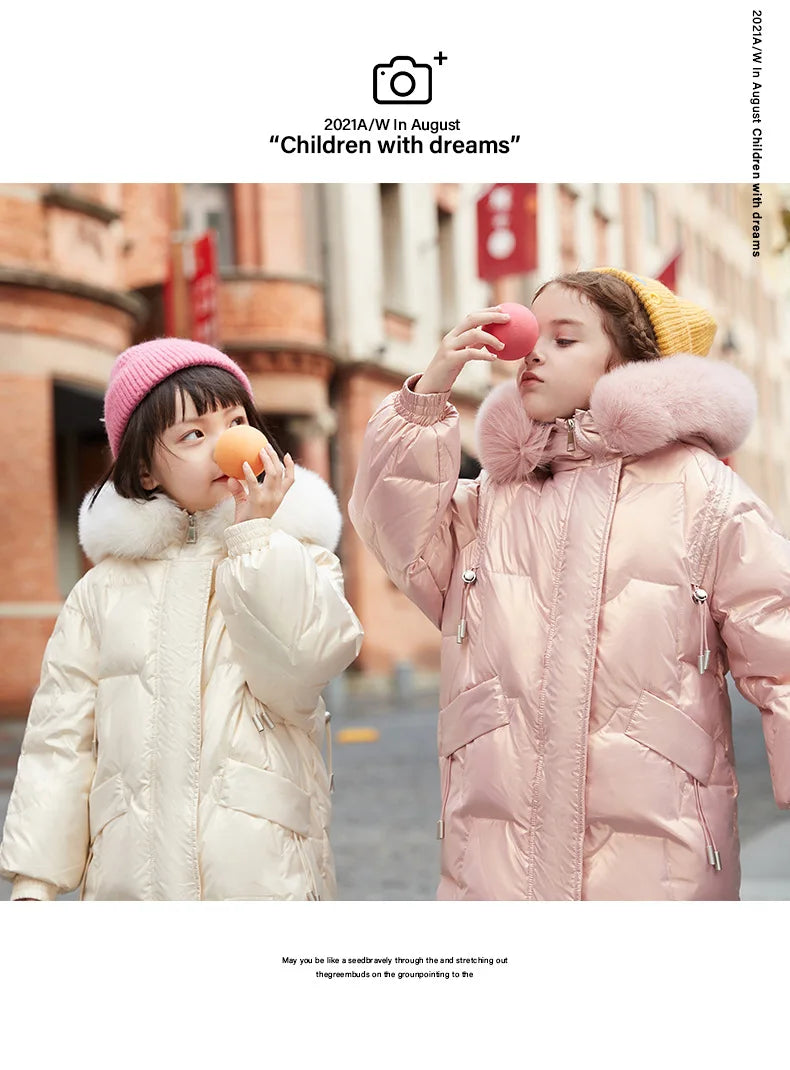 2024 Girl Winter Down Jacket Faux Fur Waterproof Hooded Long Girl Winter Outerwear Coat 5-16 Years Teenage Girl Parka Snowwear