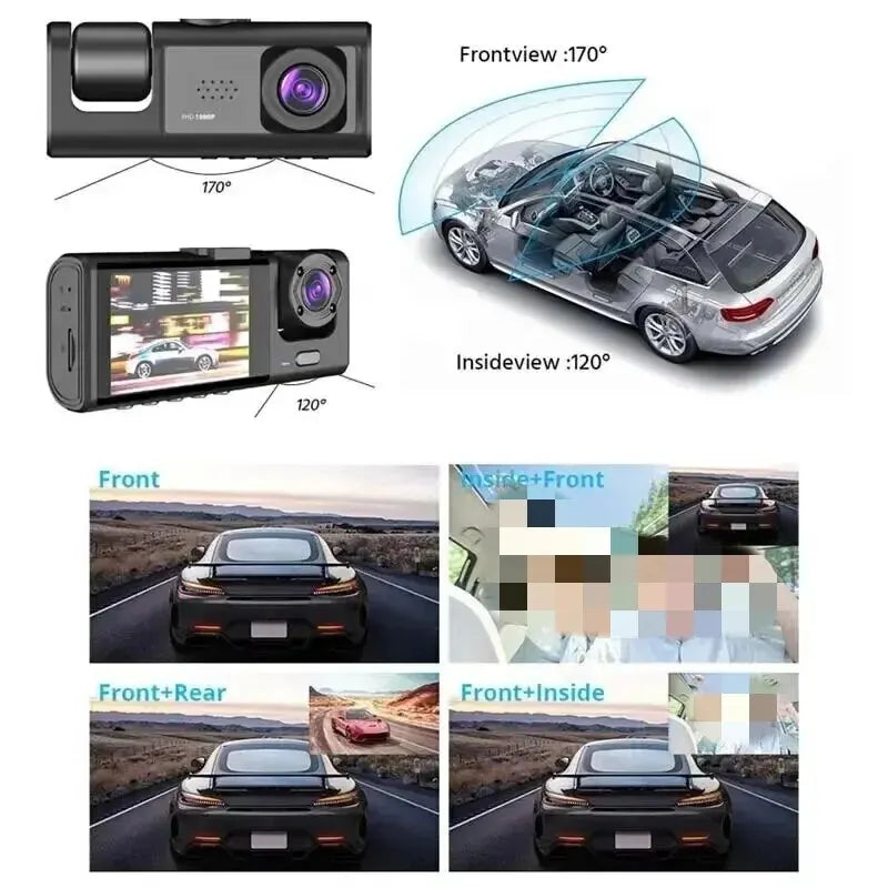 3 Channel Car DVR HD 1080P 3-Lens Inside Vehicle Dash CamThree Way Camera DVRs Recorder Video Registrator Dashcam Camcorder