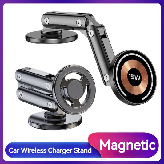 15W Magnetic Metal Car Wireless Charger 360 Rotation Multi Angle Adjustable Foldable Stand For Iphone 15 14 13 Pro Max Samsung