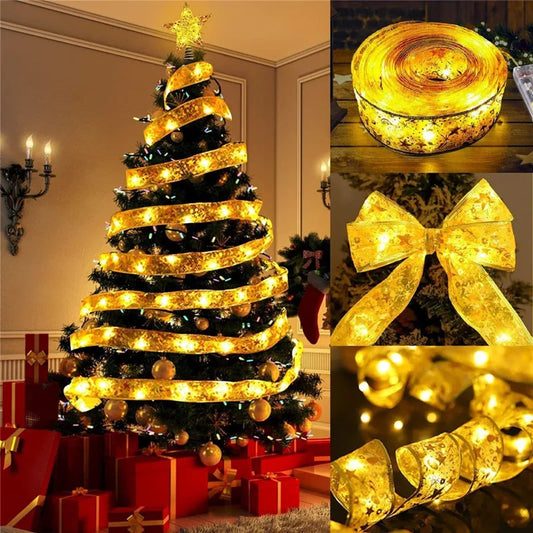 Christmas Decoration LED Ribbon Fairy Lights Christmas Tree Ornaments for Home 2025 DIY Bows Light String Navidad New Year 2025