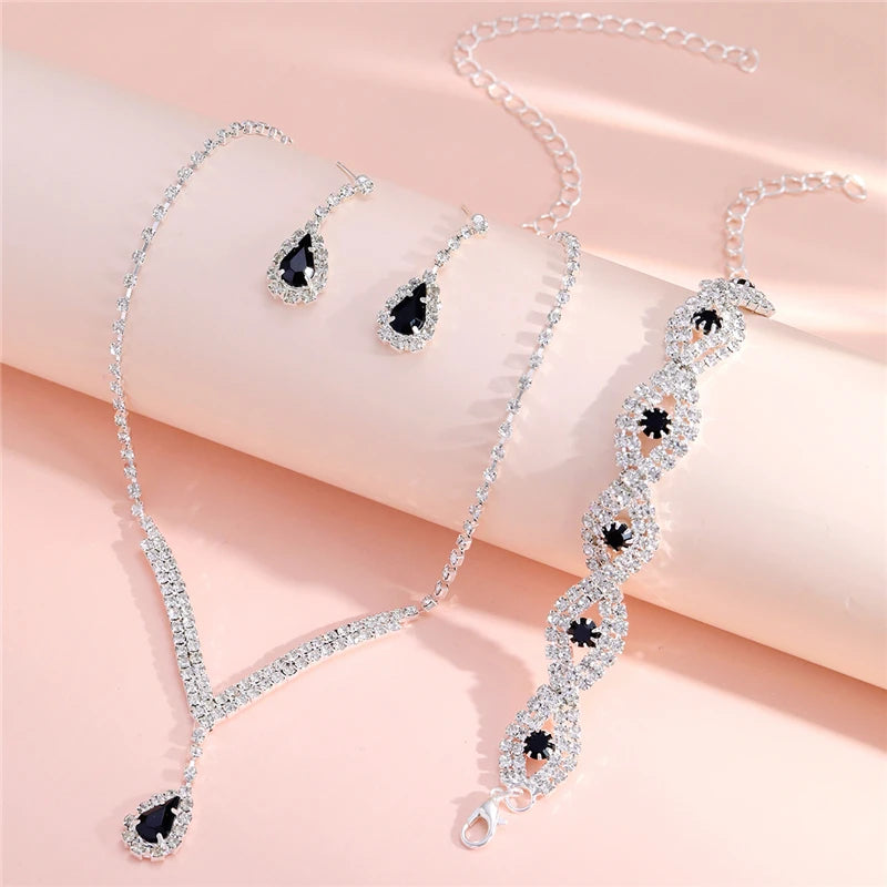 3 Pcs Luxury Rhinestone Bride Jewelry Set for Women Black Water Drop Crystal Earrings Wedding V Necklace Eye Bracelet Fashion